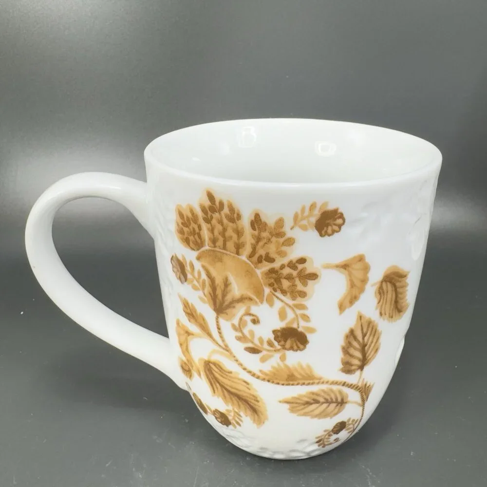 Pier 1 Porcelain Coffee Mug Cup Initial Letter‎ J Monogram Brown Leafs Pattern